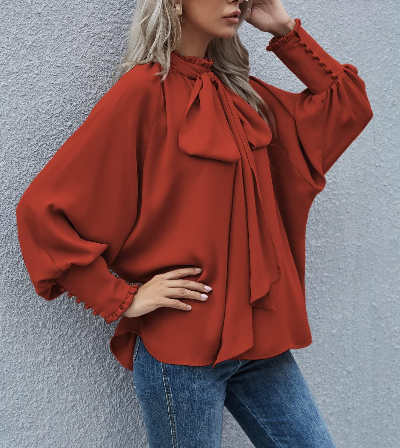 Kastane - さく　erme   Volume sleeve blouse QANSI Womens Bow Tie Neck Chiffon Blouse Top Shirts Keyhole